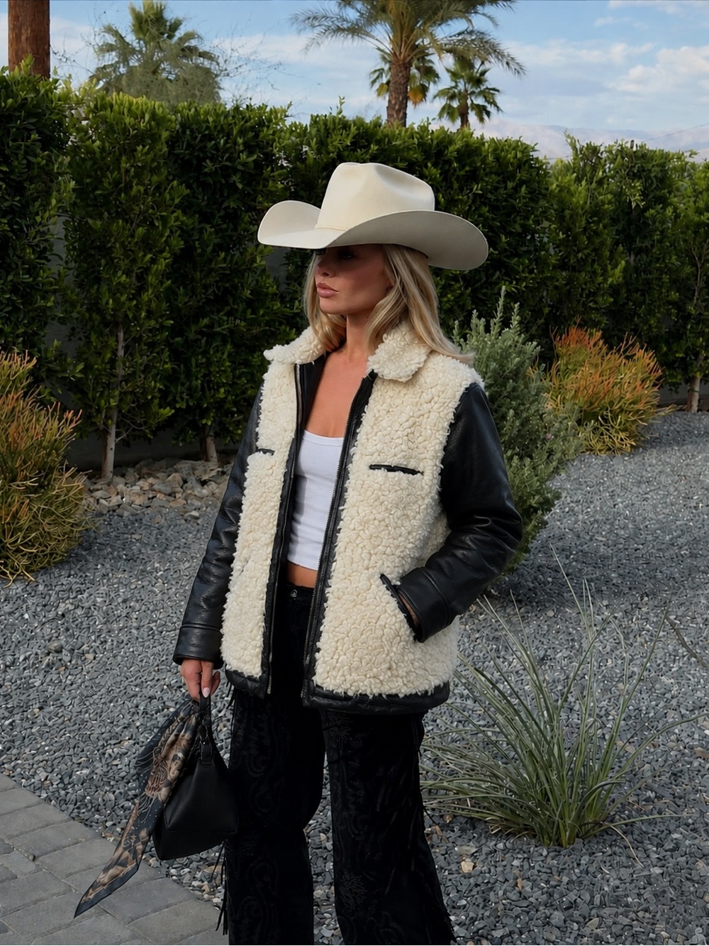 Tasha Polizzi Cream Sherpa Jacket with Black Leather Sleeves